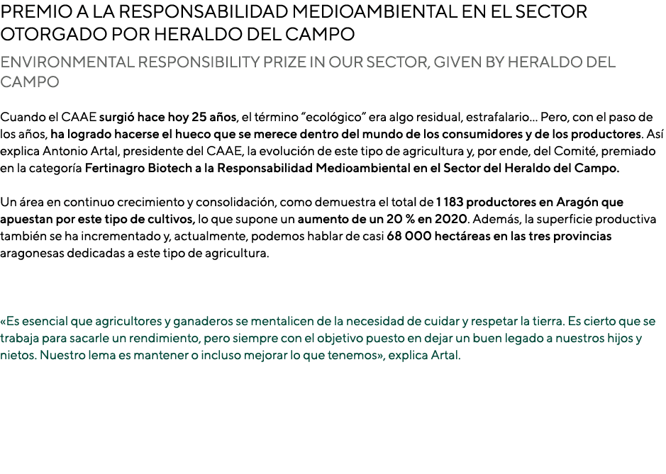 Premio a la Responsabilidad Medioambiental en el Sector otorgado por Heraldo del Campo Environmental Responsibility P   