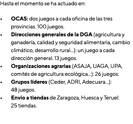 Hasta el momento se ha actuado en: OCAS: dos juegos a cada oficina de las tres provincias  100 juegos  Direcciones ge   