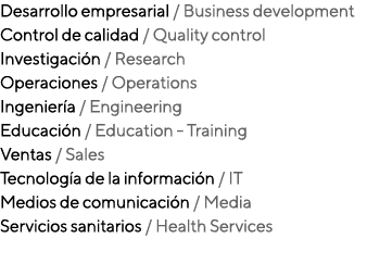 Desarrollo empresarial   Business development Control de calidad   Quality control Investigación   Research Operacion   