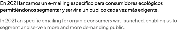 En 2021 lanzamos un e-mailing específico para consumidores ecológicos permitiéndonos segmentar y servir a un público    