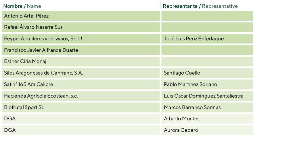 Nombre   Name,Representante   Representative, Antonio Artal Pérez,, Rafael Álvaro Nasarre Sus,, Peype  Alquileres y s   