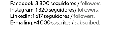 Facebook: 3 800 seguidores   followers  Instagram: 1 320 seguidores  followers  LinkedIn: 1 617 seguidores   follower   