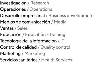 Investigación   Research Operaciones   Operations Desarrollo empresarial   Business development Medios de comunicació   