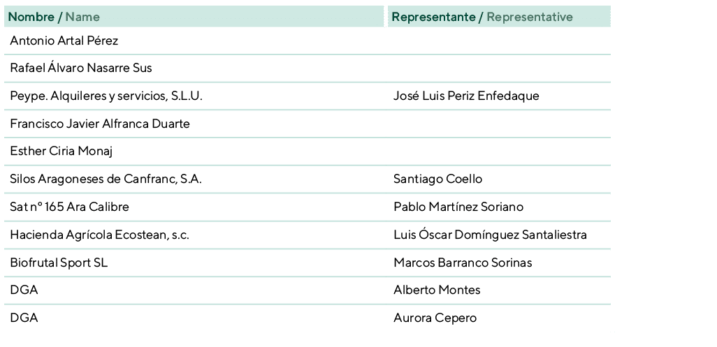 Nombre / Name,Representante / Representative, Antonio Artal P rez,, Rafael lvaro Nasarre Sus,, Peype. Alquileres y s...