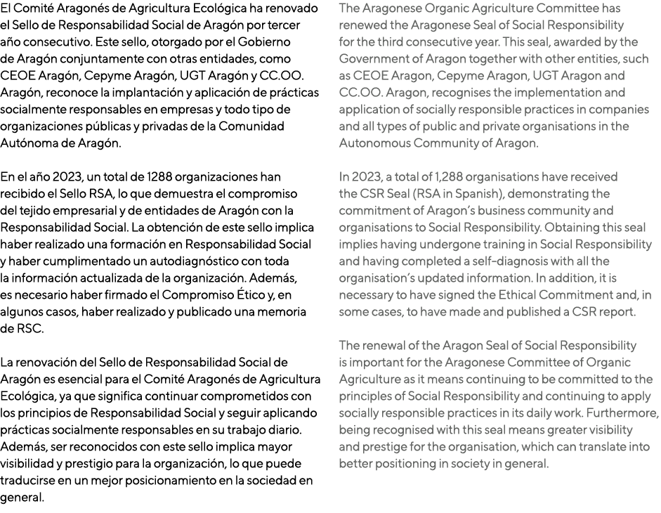 El Comit Aragon s de Agricultura Ecol gica ha renovado el Sello de Responsabilidad Social de Arag n por tercer a o c...