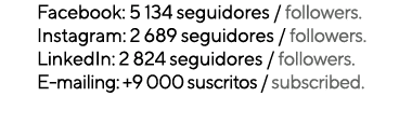 Facebook: 5 134 seguidores / followers. Instagram: 2 689 seguidores / followers. LinkedIn: 2 824 seguidores / followe...