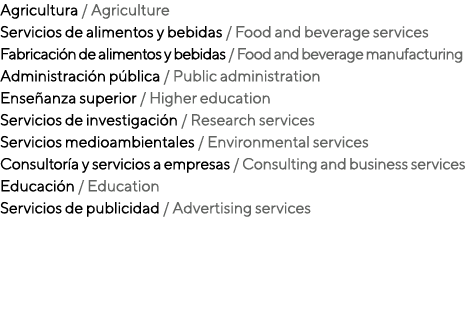 Agricultura / Agriculture Servicios de alimentos y bebidas / Food and beverage services Fabricaci n de alimentos y be...